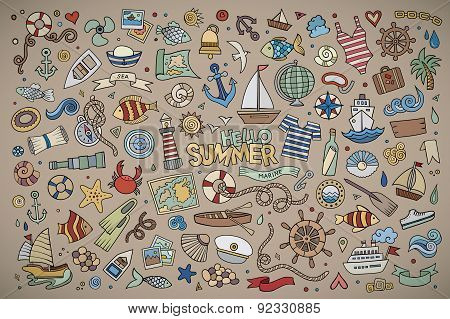 Marine nautical hand vector symbols and objects