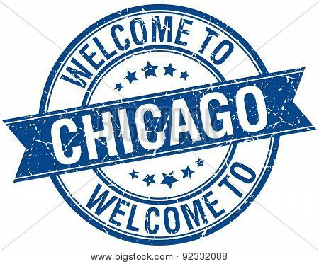 Welcome To Chicago Blue Round Ribbon Stamp
