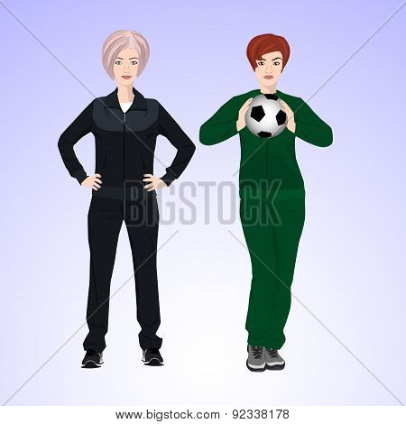 Two sports woman with a soccer ball.