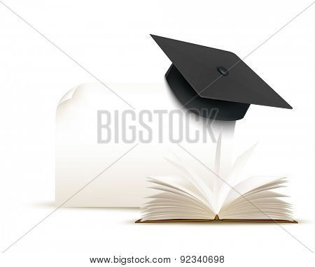 Graduation cap on white background with a book. 
