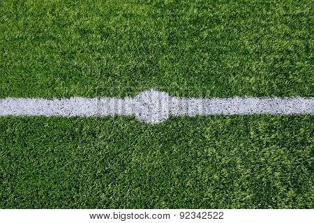 Straight White Chalk Line Marking On Grass Background.