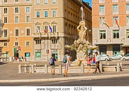 Fountain In Piazza Barberini In Rome, Italy.