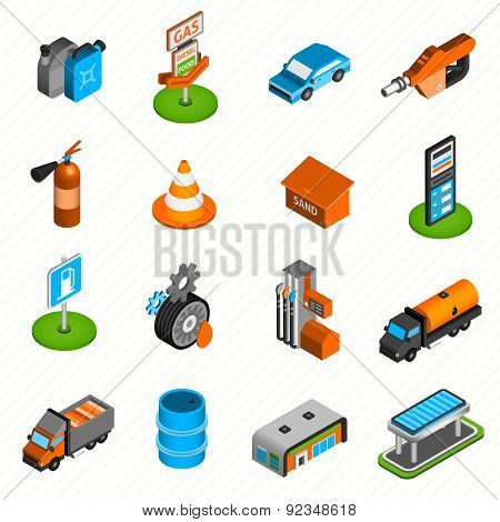 Gas station elements isometric icons