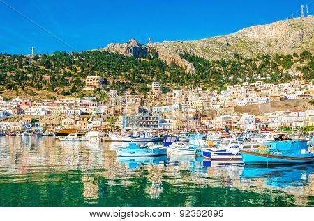 Colorful boats in port on Greek Island, Greece