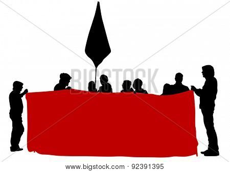 People of anarchia with large flags on white background