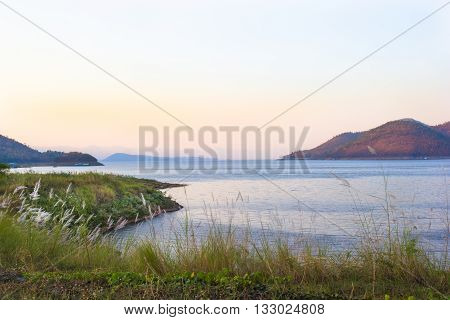 Lake Sunset view of Srinakarin dam in Kanchanaburi Thailand
