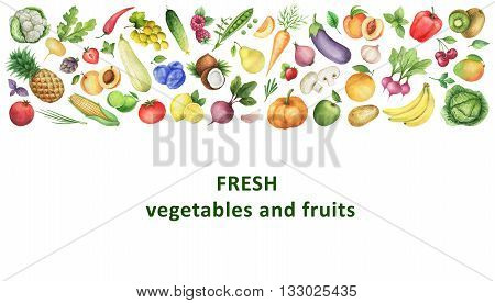 Watercolor organic food template. Healthy eating with fruits and vegetables for menus, cooking web sites, restaurants, magazines and a healthy lifestyle.