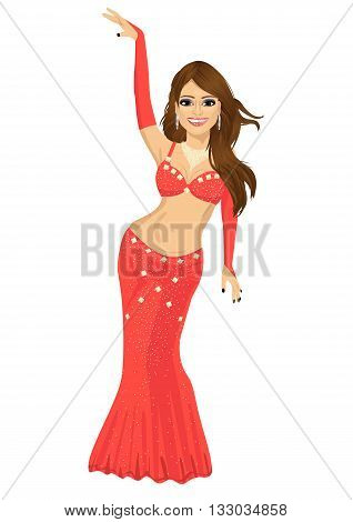 Beautiful young girl in a red suit oriental dance in motion isolated on white background