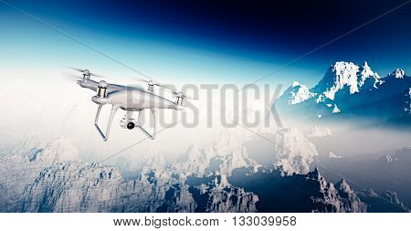 Photo White Matte Generic Design Modern Remote Control Drone with action camera Flying Sky under Earth Surface. Grand Canyon Background. Wide, front side angle view. Film Effect. 3D rendering