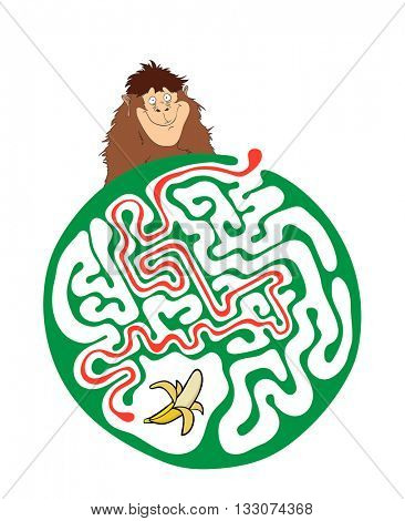 Maze puzzle for kids with monkey and banana. Labyrinth illustration, solution included.