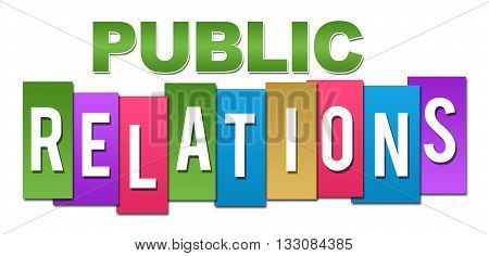 Public relations text written over colorful background.
