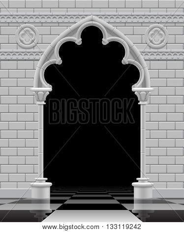 Stone gothic arch and wall in black and white colors on the glossy chess floor. Antique architecture frame and background in shades of gray.  Vector Illustration