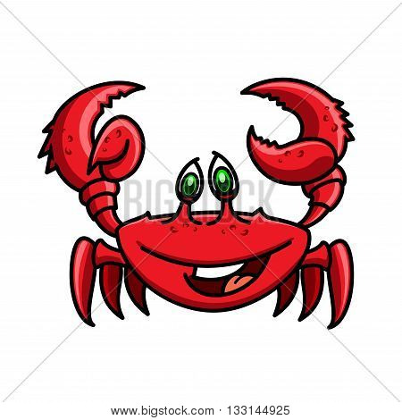 Smiling cartoon ocean red crab is running with raised claws. Childish stylized marine crustacean animal character for wildlife theme or book hero design