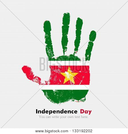 Hand print, which bears the Flag of Suriname. Independence Day. Grunge style. Grungy hand print with the flag. Hand print and five fingers. Used as an icon, card, greeting, printed materials.