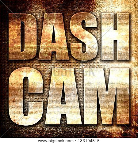 dashcam, 3D rendering, metal text on rust background