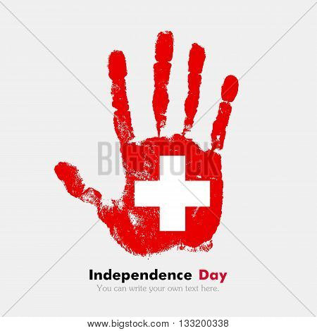 Hand print, which bears the Swiss flag. Independence Day. Grunge style. Grungy hand print with the flag. Hand print and five fingers. Used as an icon, card, greeting, printed materials.