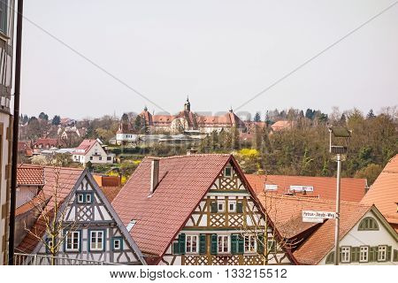 Backnang Germany - April 03 2016: View over the half-timbered buildings of Backnang near town center.