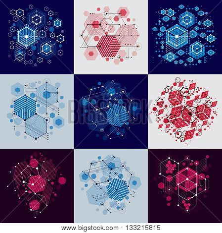 Set of modular Bauhaus vector backgrounds created from simple geometric figures like circles and hexagons. Best for use as advertising poster or banner design.