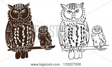 illustration on white background bird owl and chick pattern and silhouette