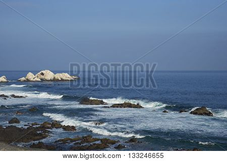 Seabirds on guano covered rocks on the coast of Chile where the Atacama Desert meets the Pacific Ocean.