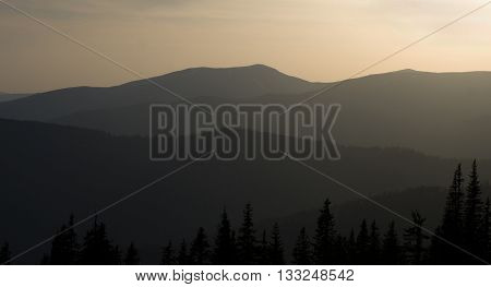 Іunrise or sunset in the mountains. Carpathian mountains.