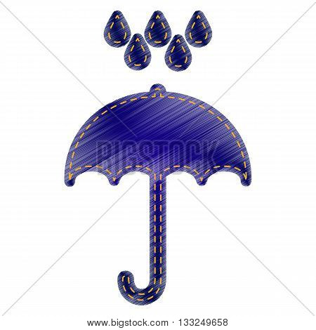 Umbrella with water drops. Rain protection symbol. Flat design style. Jeans style icon on white background.