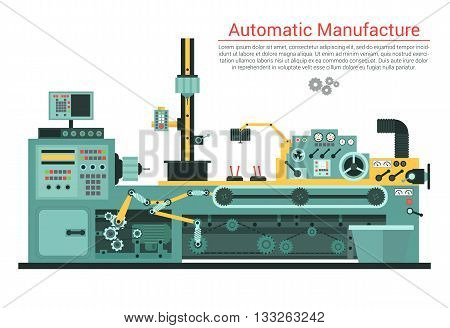 Vector flat illustration of complex engineering machine with pump, pipe, cable, cog wheel, transformation, rotating details. Industrial mechanical revolution of manufacturing equipment. Eps 10