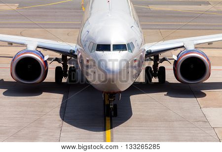 BERLIN / GERMANY - JUNE 4 2016: Aeroflot - Russian Airlines Boeing 737-8LJ (WL) plane drives to the terminal on airport schoenefeld berlin / germany at june 4 2016