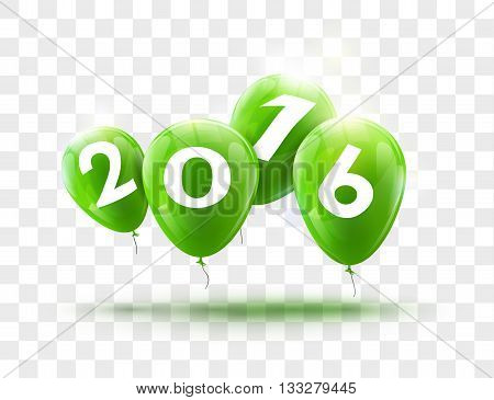Sample greeting card 2016 Christmas card with realistic Green Balloons and numbers on transparent background. Image Printer, stocks, greetings, e-mail, Web. Vector illustration.