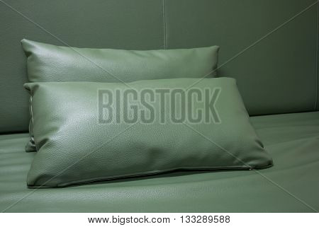 green leather pillow on the sofa at room