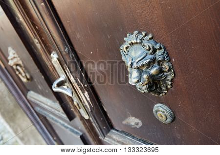 old style lion's head knocker on the door. Ukraine Dubno Carpathian