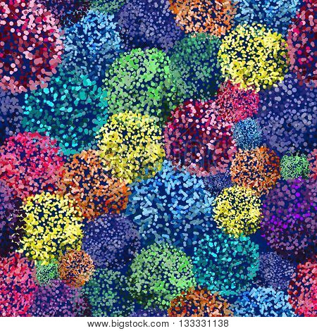 Vector seamless pattern with small furry flowers or pompoms in variety of bright colors can be used for web print wallpaper spring summer fashion fabric textile card background.