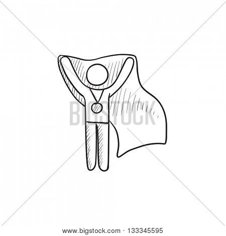 Medalist standing with flag vector sketch icon isolated on background. Hand drawn Medalist standing with flag icon. Medalist standing with flag sketch icon for infographic, website or app.