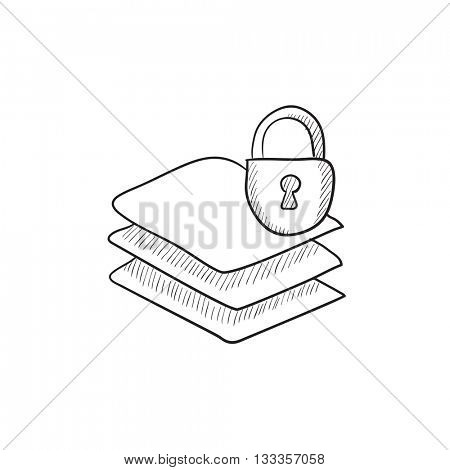 Stack of papers with lock vector sketch icon isolated on background. Hand drawn Stack of papers with lock icon. Stack of papers with lock sketch icon for infographic, website or app.