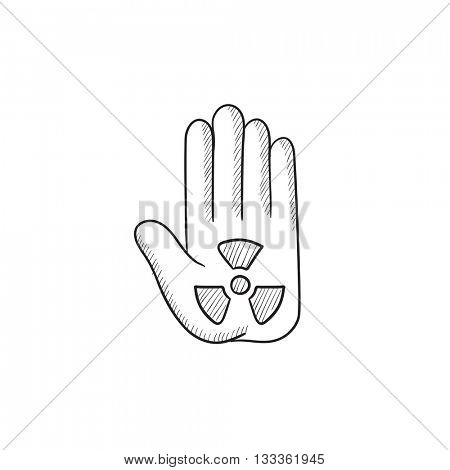 Ionizing radiation sign on palm vector sketch icon isolated on background. Hand drawn Ionizing radiation sign on palm icon. Ionizing radiation sign on palm sketch icon for infographic, website or app.