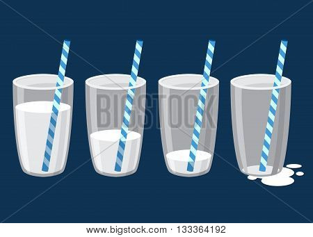 Vector stock of glass of milk with straw in different drinking stages