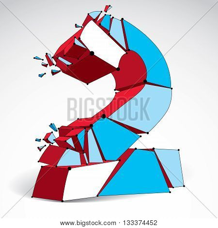 Vector dimensional wireframe number 2 colorful demolished digit with fragments. 3d mesh technology mathematics element broken into pieces.