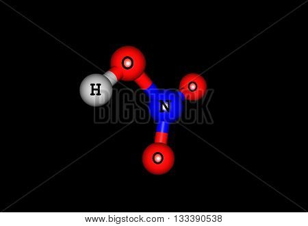 Nitric acid - HNO3 - also known as aqua fortis and spirit of niter is a highly corrosive strong mineral acid. 3d illustration