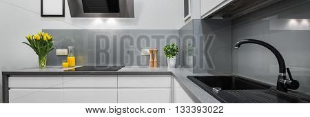 Panorama of kitchen countertops in modern and simple interior