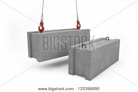 Concrete blocks for construction lifted up with crane isolated on white with clipping path. 3d rendering