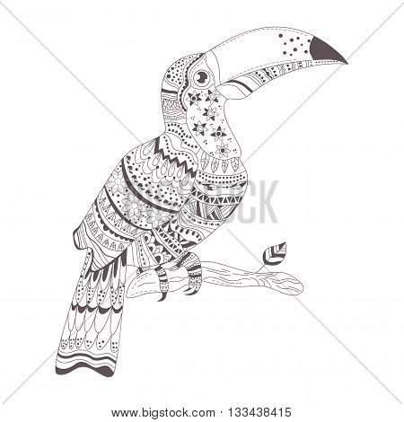 Zentangle style. Hand drawn vector isolated illustration on white background. Henna mehendi, tattoo sketch. Toucan