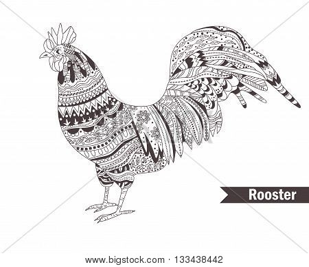 Zentangle style. Hand drawn vector isolated illustration on white background. Henna mehendi, tattoo sketch. Rooster