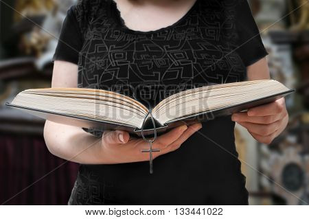 Sermon Or Homily In Church. Woman Is Reading Bible.