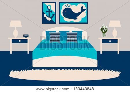 Beautiful bedroom interior in a Maritime design, vector illustration, furniture for an interior Lounges