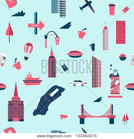 New York seamless pattern. Manhattan USA skyline silhouette cartoon design vector illustration