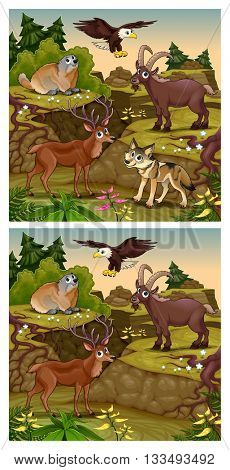 Spot the differences. Two images with six changes between them, vector and cartoon illustrations.