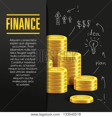 Finance poster or banner design template with golden coins and copy space for text. Vector illustration. Money making. Bank deposit. Financials. Gold and black. Business finans vector background.