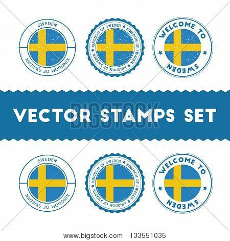 Swedish Flag Rubber Stamps Set. National Flags Grunge Stamps. Country Round Badges Collection.