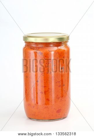 Picture of a Traditional Meacedonian food. Ajvar in jar . homemade product