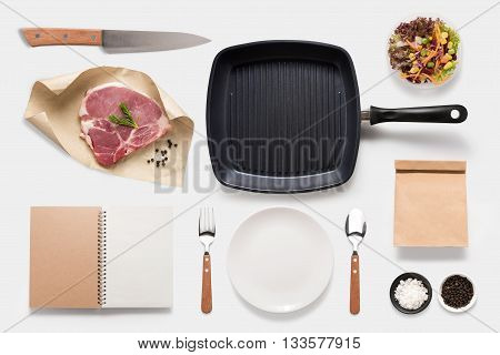 Design Concept Of Mockup Bbq Steak Set Isolated On White Background. Copy Space For Text And Logo. C